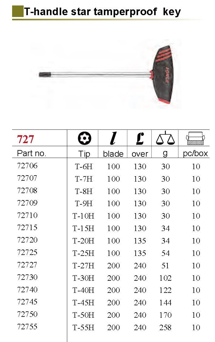 Force 727 T Handle Tamperproof Star Torx Key Screwdriver Wrench Individual Option: T6-T55