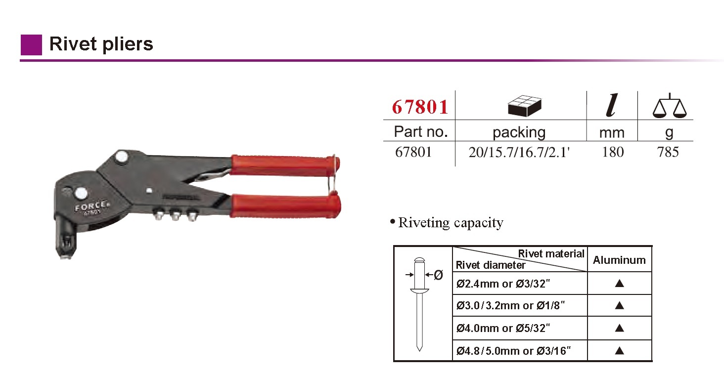 Force 67801 Swivel Head Riveter Gun Rivet Pliers Suits 1/8" To 3/16" Rivets