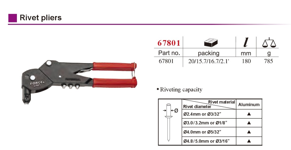 Force 67801 Swivel Head Riveter Gun Rivet Pliers Suits 1/8" To 3/16" Rivets