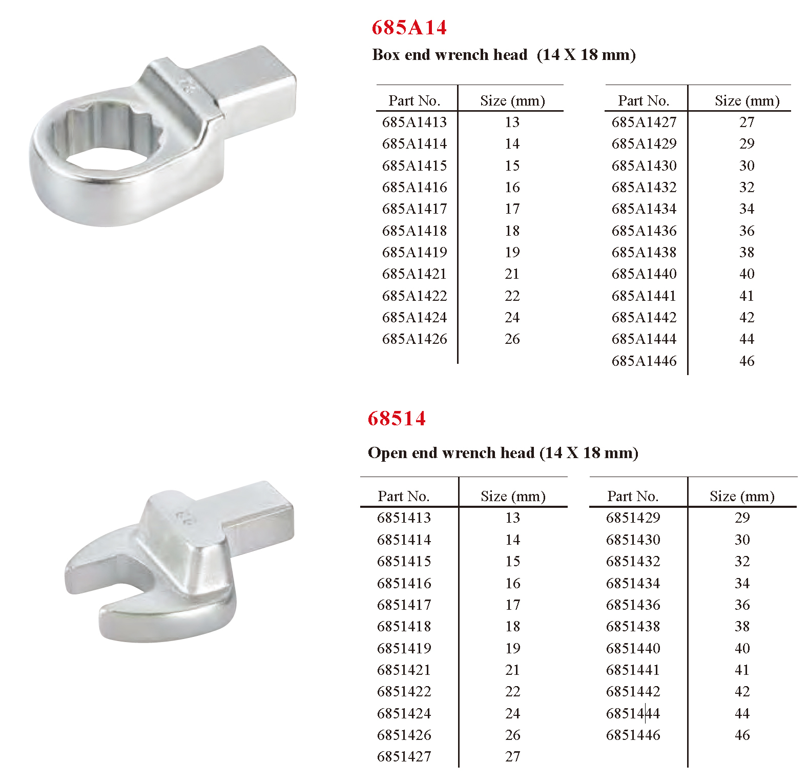 Force 68514/685A14 Open / Ring End Wrench 14x18mm Rectangular Insert Connector for Torque Handle Fittings