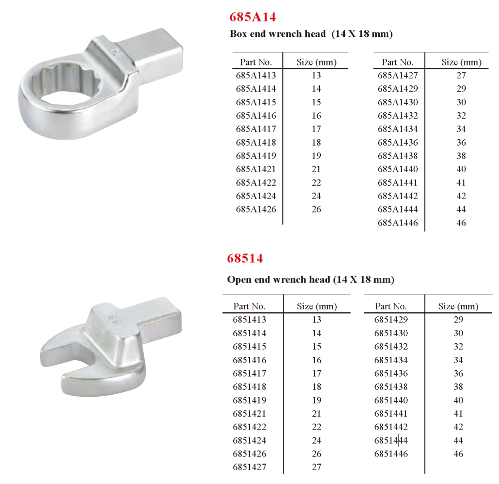 Force 68514/685A14 Open / Ring End Wrench 14x18mm Rectangular Insert Connector for Torque Handle Fittings