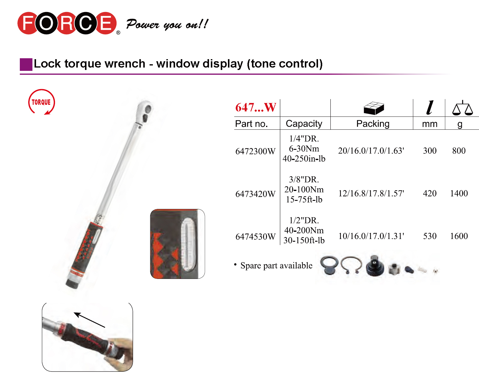 Force 647..W 1/4" or 3/8″ Dr. Tone Control Lock Torque Wrench Window Display