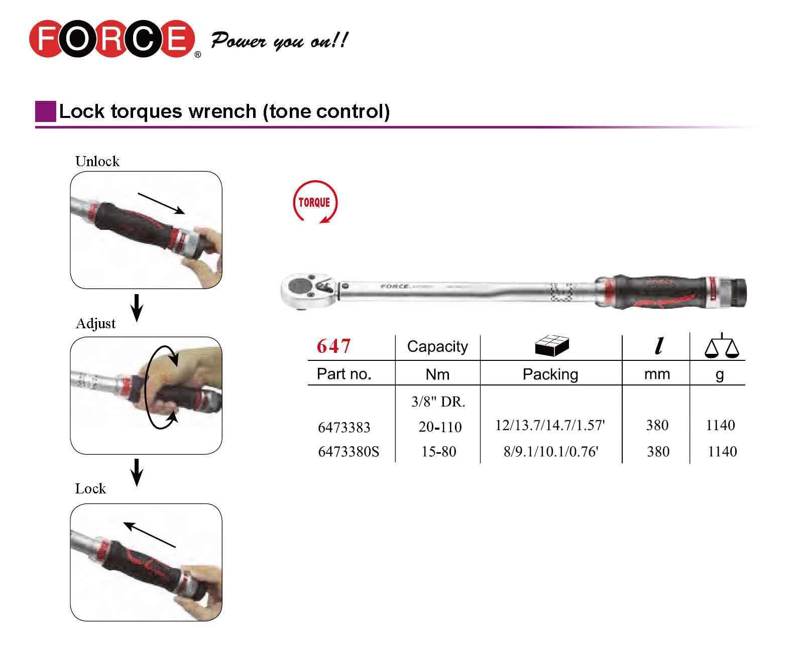 Force 6473380 / 6473380S 19-110Nm/20-108Nm Adjustable Lock Torque Wrench 3/8" Dr. Reversible 380mmL