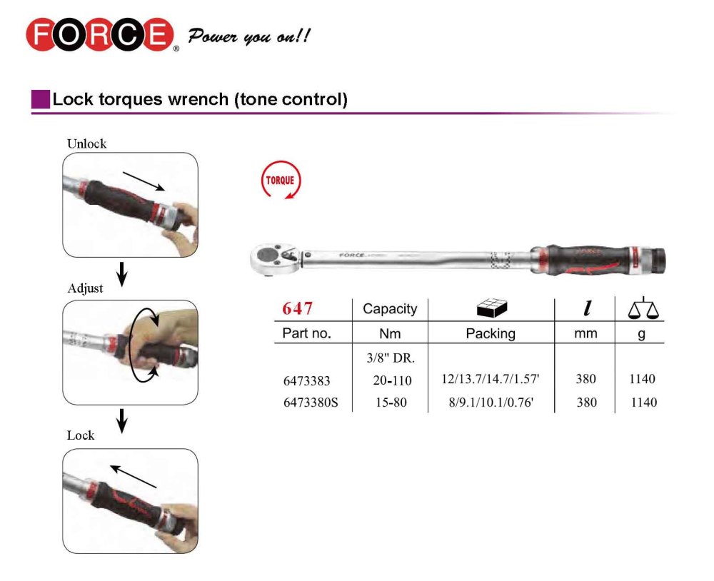 Force 6473380 / 6473380S 19-110Nm/20-108Nm Adjustable Lock Torque Wrench 3/8" Dr. Reversible 380mmL
