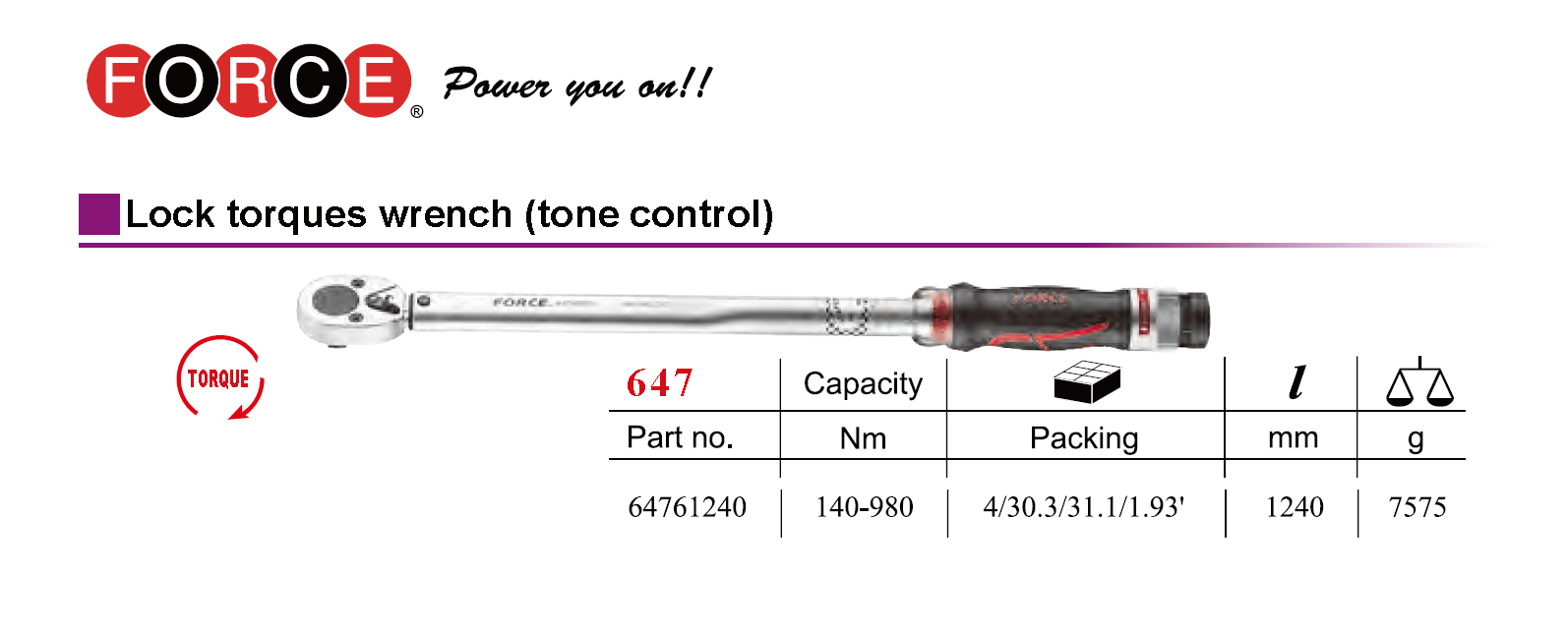 Force 64761240 3/4 ″ Dr. 140–980 Nm Tone Control Torque Wrench 1240mmL