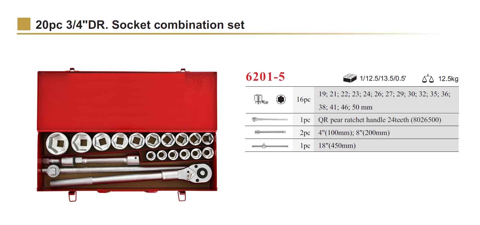 Force 6201-5 20pc 3/4" Dr. 6pt Socket & Accessories Set: 19-50mm Metric Socket, Ratchet Handle, Extensions