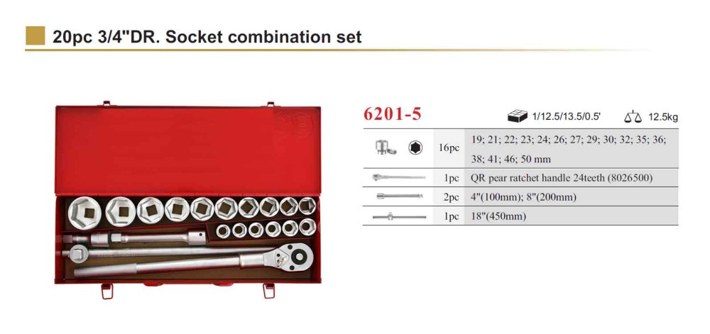 Force 6201-5 20pc 3/4" Dr. 6pt Socket & Accessories Set: 19-50mm Metric Socket, Ratchet Handle, Extensions