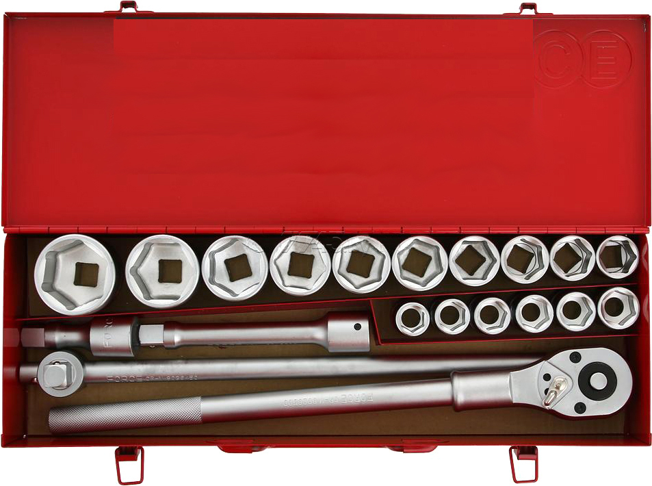 Force 6201-5 20pc 3/4" Dr. 6pt Socket & Accessories Set: 19-50mm Metric Socket, Ratchet Handle, Extensions