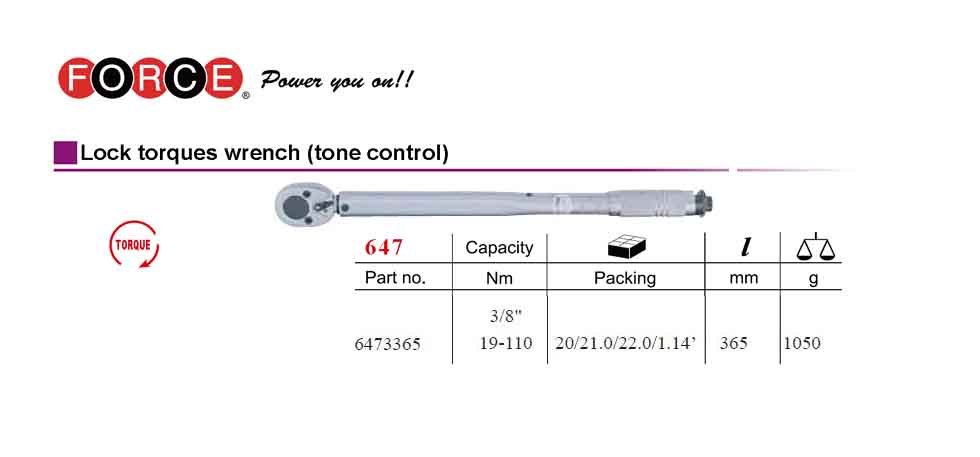 Force 6473365 3/8" Dr 19-110Nm Tone Control Adjustable Lock Torque Wrench 365mmL