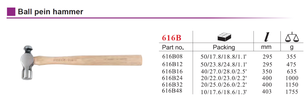 Force 616B Ball Pein Hammer Engineer's Ballpein Hammer Hickory Wooden Handle
