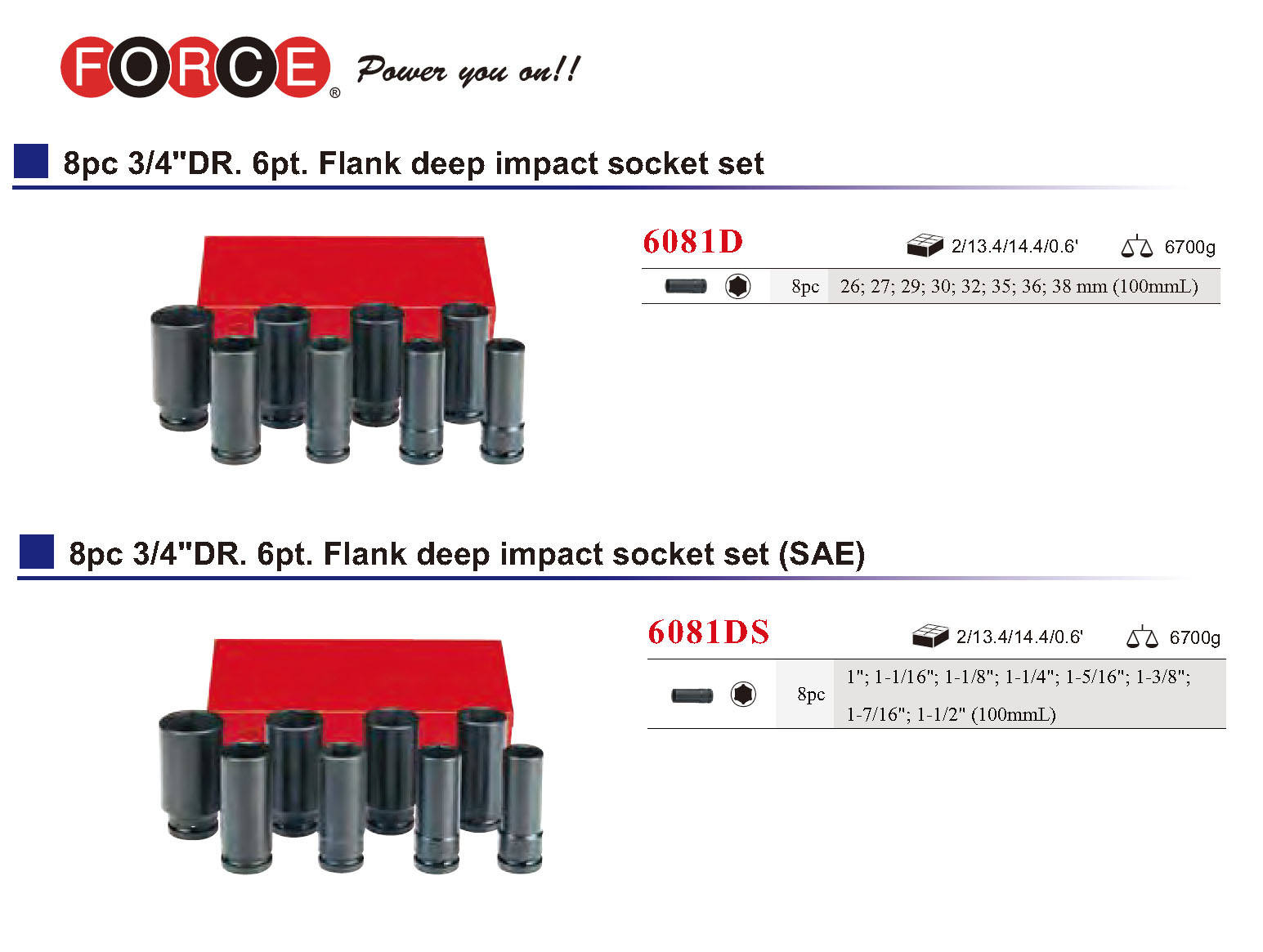 Force 3/4" dr. 8pc Cr-Mo 100mmL Deep Impact Socket Set 26-38mm Metric or 1"-1.1/2" Imperial