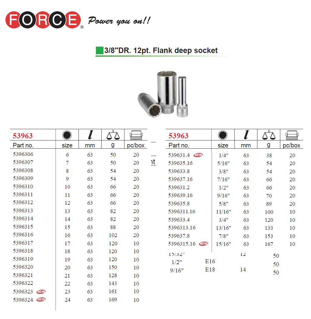 Force 3/8" Dr. 12pt 63mm Deep Socket Metric Size Options
