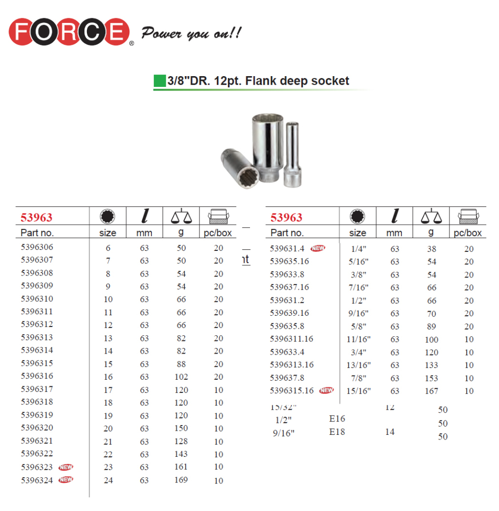 Force 3/8" Dr. 12pt 63mm Deep Socket Metric Size Options