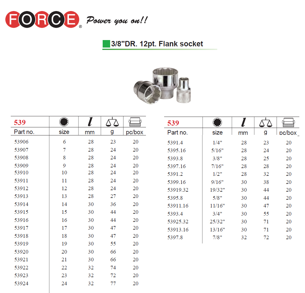 Force 3/8" Dr. 12pt Double Hex Socket Metric & Imperial Size Options