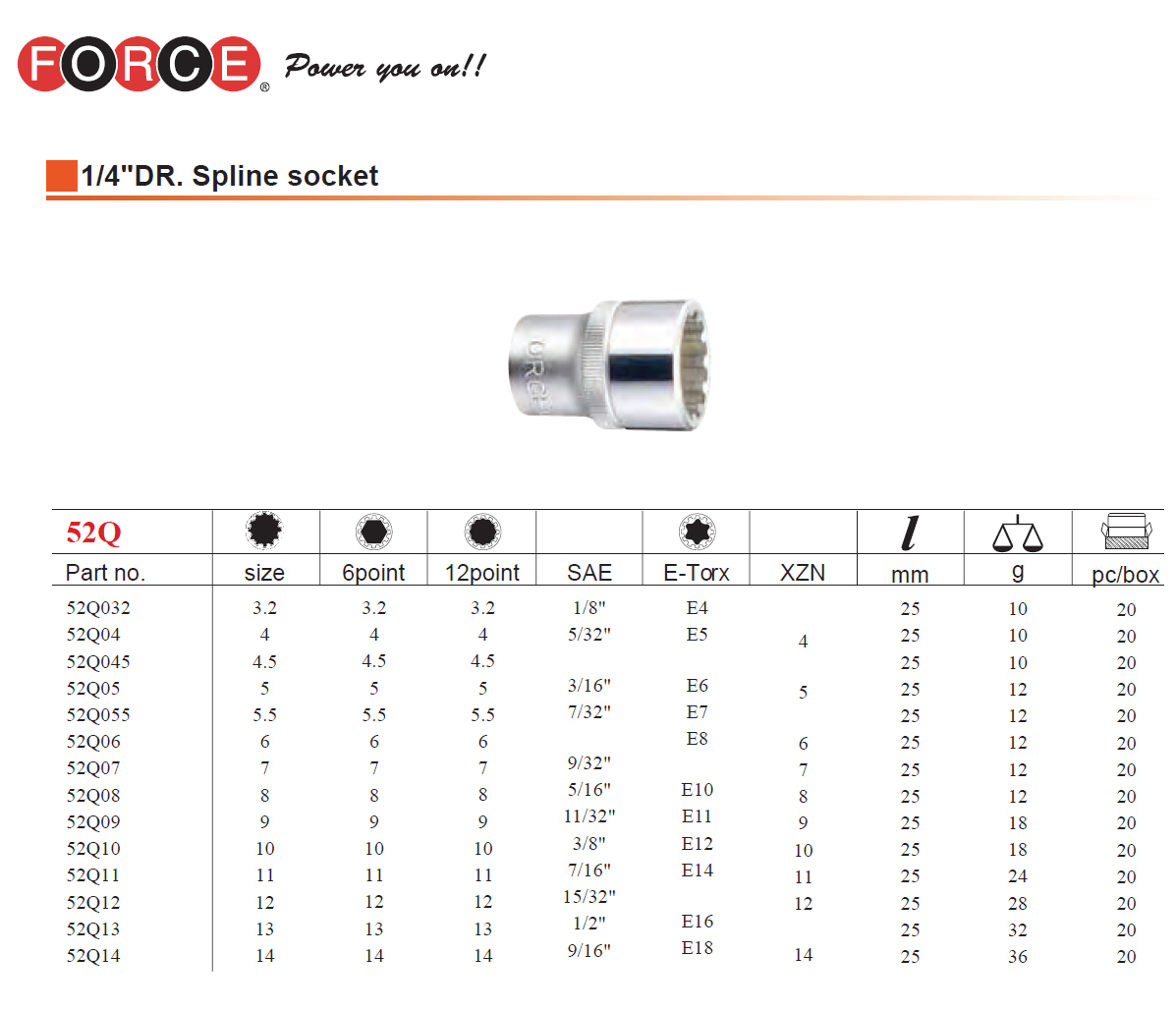 Force 1/4" Dr. 12PT 25mmL Spline Female Socket Multi-Tooth Gear Lock Profile