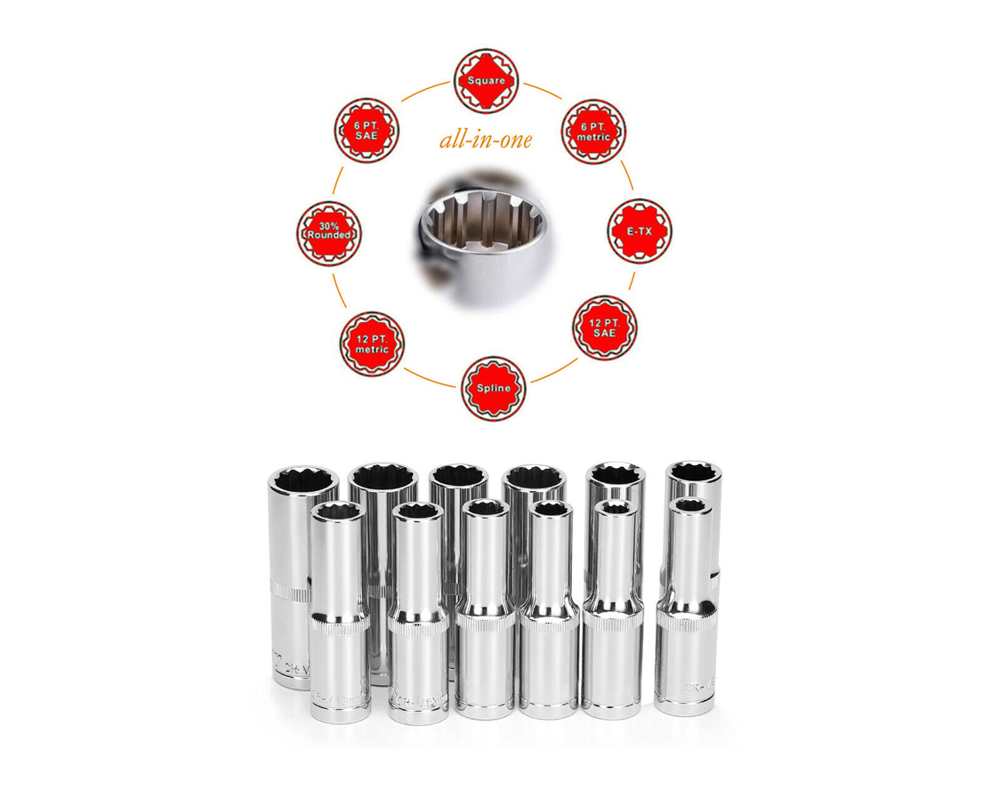Force 3/8" Dr. 12PT 63mm Deep Spline Female Socket Multi-Tooth Gear Lock Profile