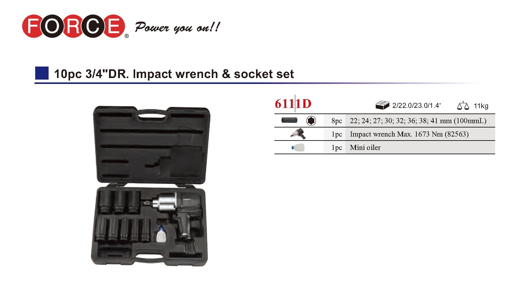 Force 6111D 10pc 3/4" Dr. 1016Nm Impact Wrench Set with 8pc 100mmL Extra Deep Impact Socket