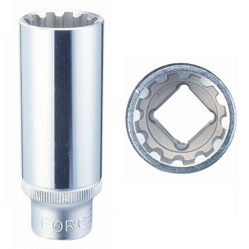 Force 1/2" Dr. 12PT 77mm Deep Spline Female Socket Multi-Tooth Gear Lock Profile