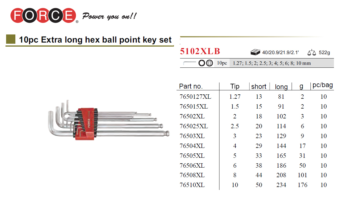 Force 5102LB / 5102XLB 10pc Ball Point Hex Allen Key Wrench 1.27-10mm Metric Set