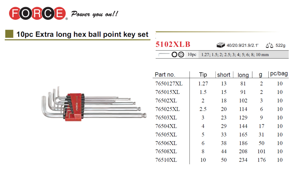 Force 5102LB / 5102XLB 10pc Ball Point Hex Allen Key Wrench 1.27-10mm Metric Set