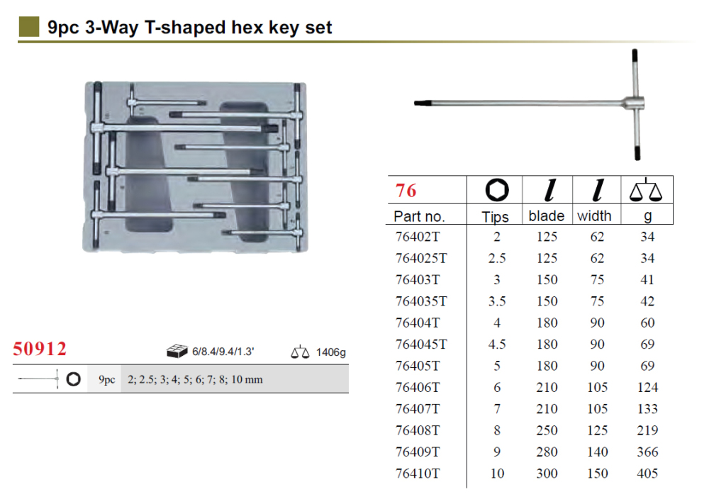 Force 50912 3-Way Extra Long T-Shaped Hex Key 2-10mm 9pc Set