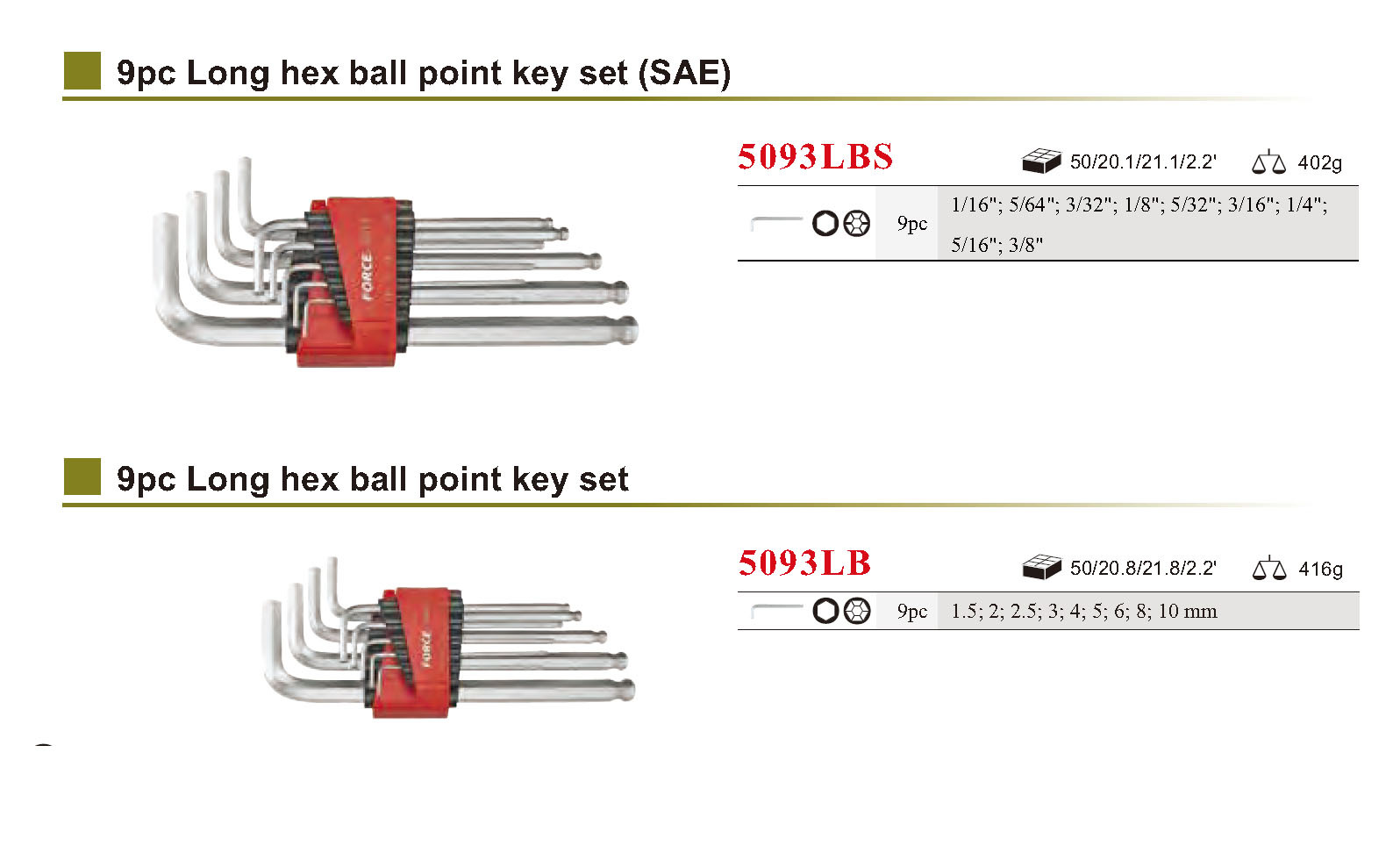 Force 5093LB / 5093LBS / 5093LS 9pc Ball Point Hex Allen Key Wrench Metric / Imperial Set