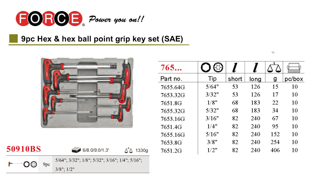 Force 50910BS 9pc 5/64"-1/2" Imperial Hex Extra Long T Handle Ball Point Softgrip Key Set