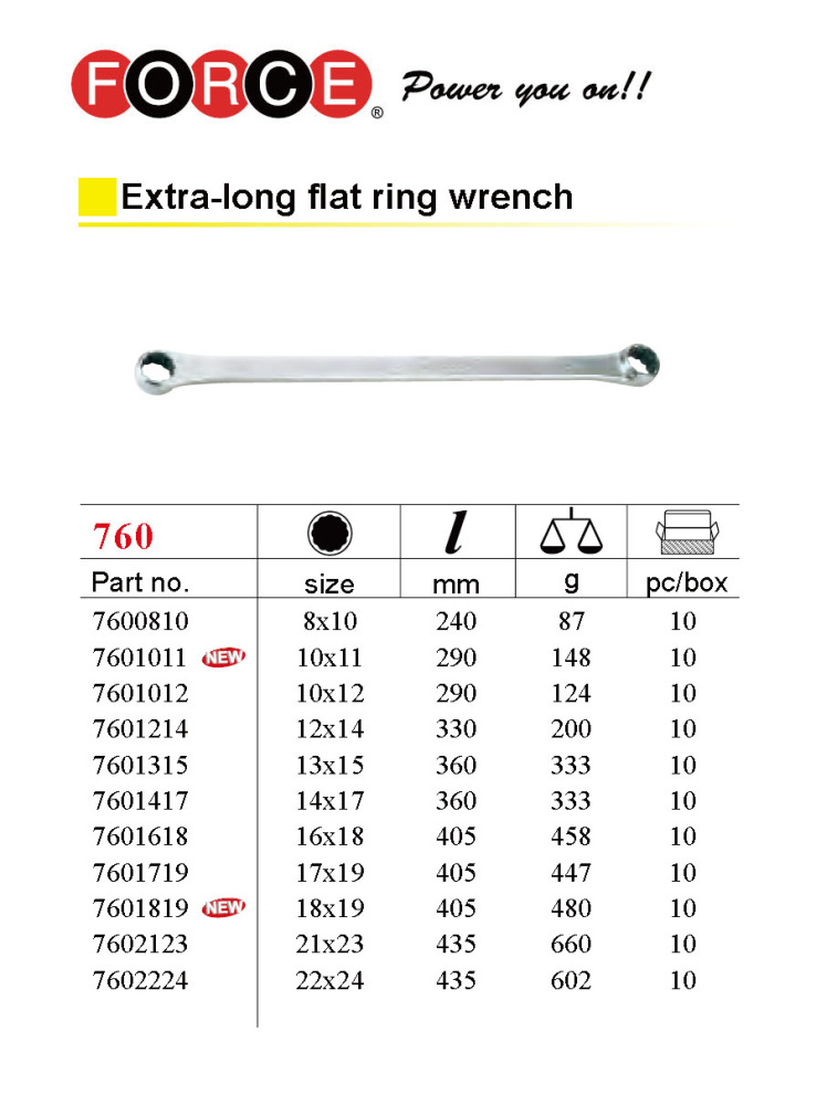 Force 50622 10x12-17x19mm 6pc Aviation Extra Long Two Flat Ring Spanner Set