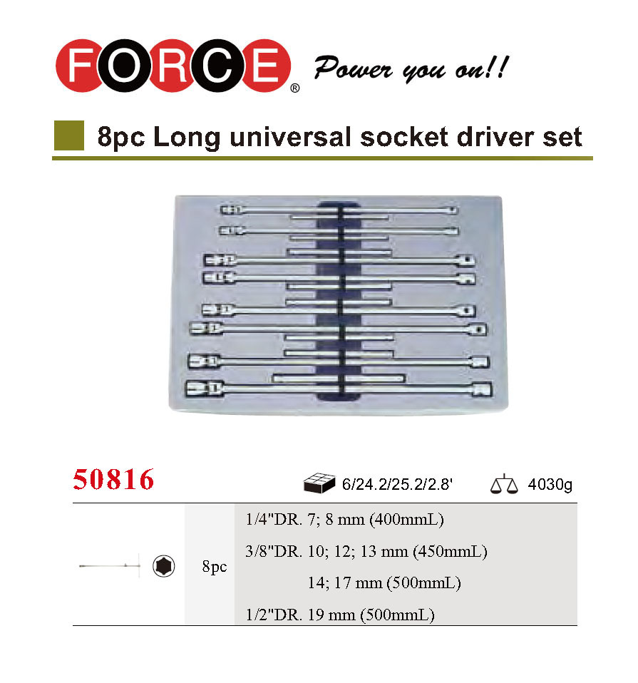 Force 50816 8pc Swivel Knee Joint Long Socket T-handle Wrench Set 1/4-3/8-1/2"dr.
