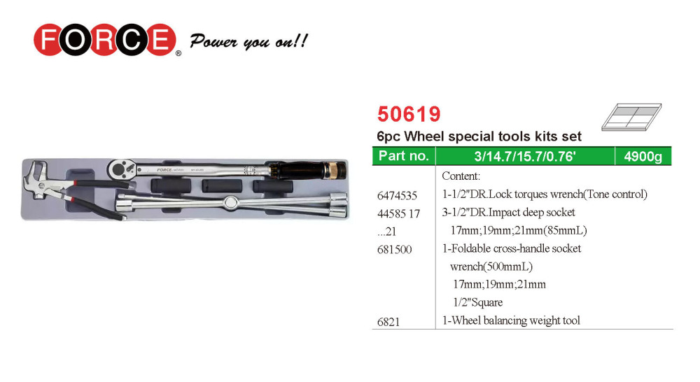 Force 50619 6pc Wheel Special Tools Set: 1/2" Dr. 40-210 Nm Lock Torque Wrench; Wheel Nut Wrench & Socket; Balance Pliers
