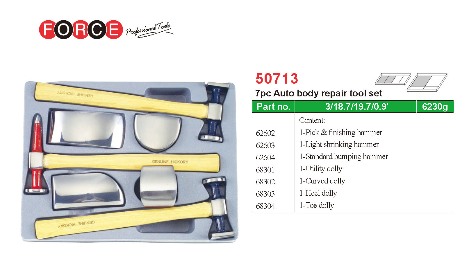 Force 50713 Super Heavy Duty 7pc Auto Body Dent Repair Kit Dolly Panel Beating Hickory Handle Hammer