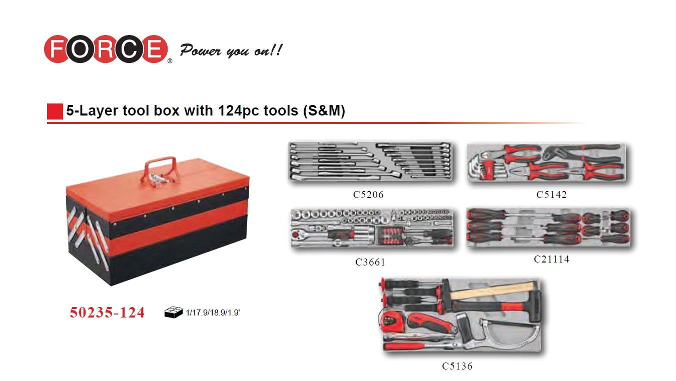 Force 50235-124 5-Tier Tool Box Chest With 124pc Tools: Socket & Accessory Spanner Screwdriver Hammer