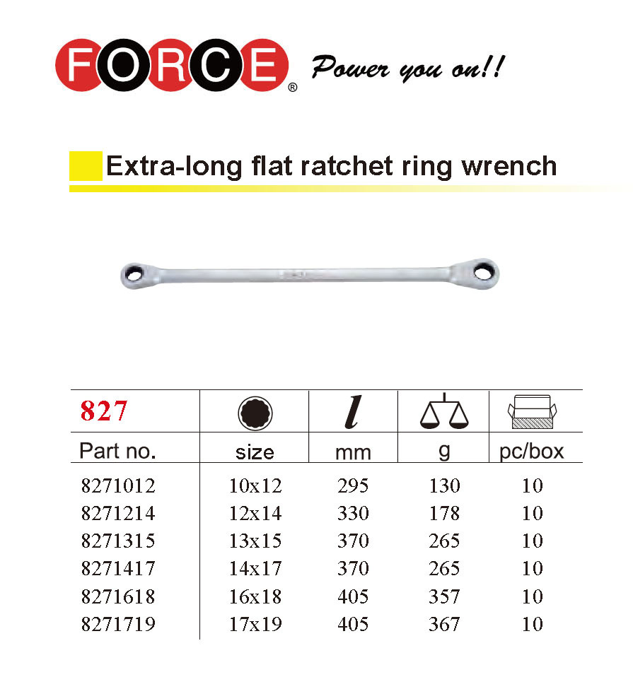 Force 50623 10x12-17x19mm 6pc Aviation Extra Long Double Gear Flat Long Ratcheting Wrench Set