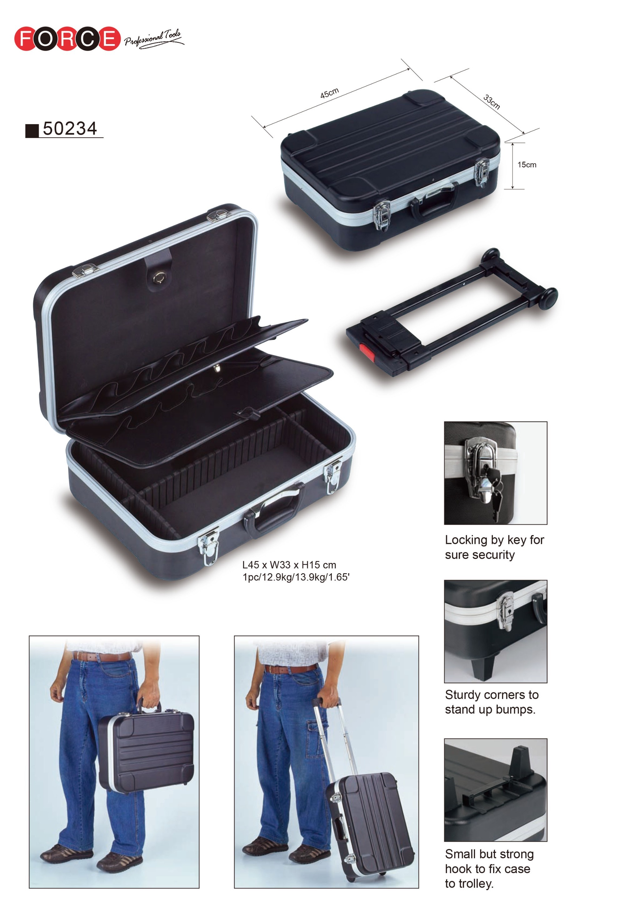 Force 50234 Black Aluminium Rolling Mobile Tool Box Trolloy L45 x W33 x H15 cm