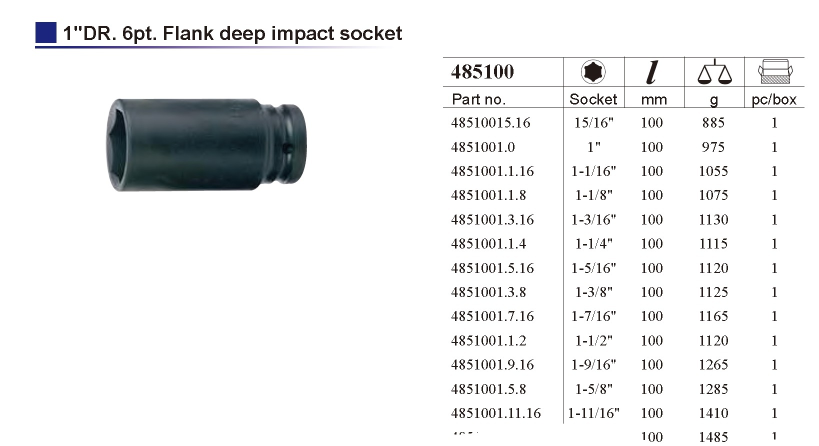 Force 1in. 1" Dr. 6pt 100mmL Deep Impact Socket 15/16-1.5/8" Imperial SAE Individual