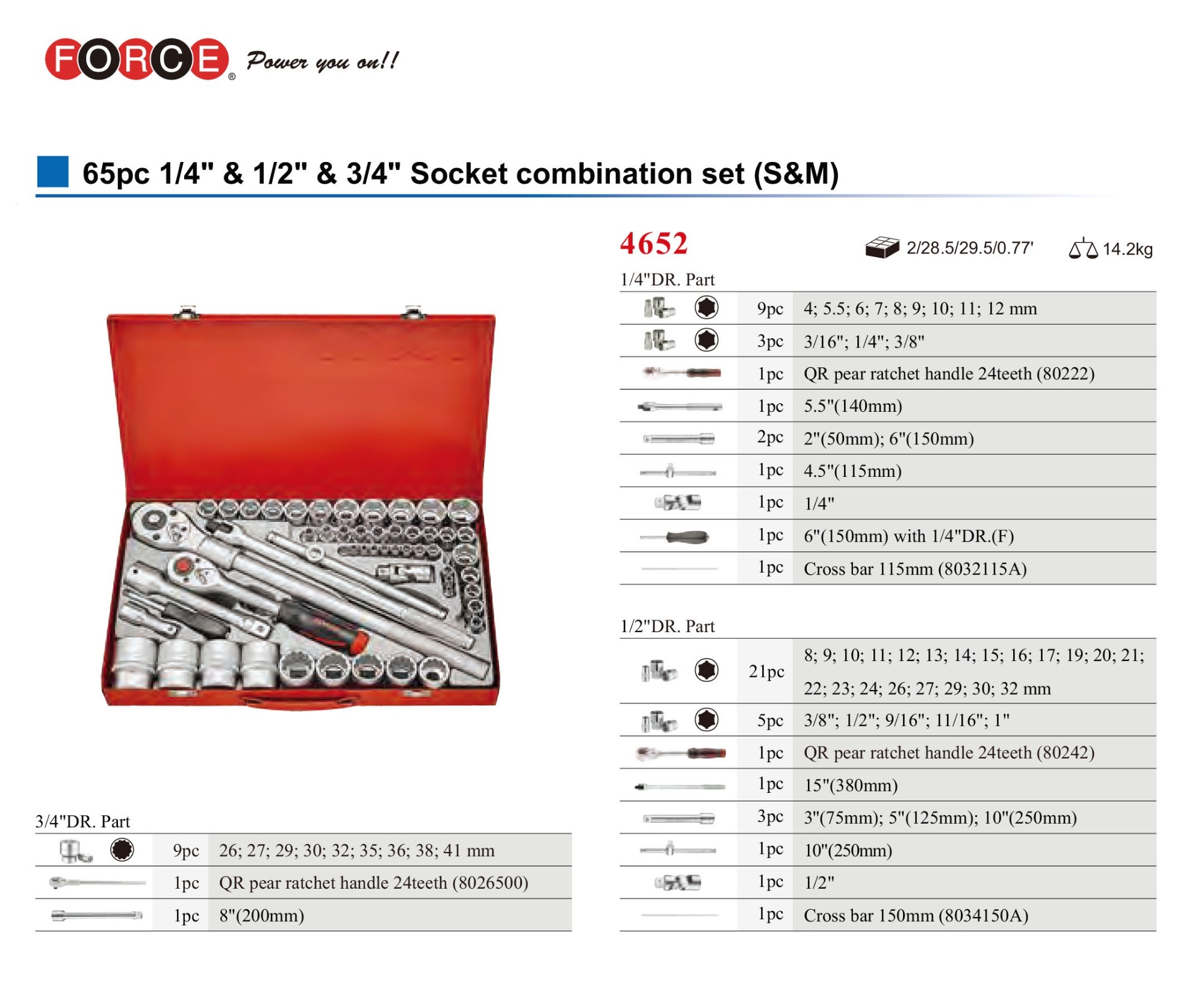 Force 4652 1/4"-1/2"-3/4" Dr. 65pc 6pt/12pt Socket Set with Accessories