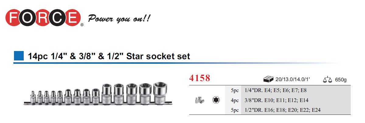 Force 4158 14pc 1/4" 3/8" 1/2" Dr. Torx E-Star Female Socket Set: E4-E24