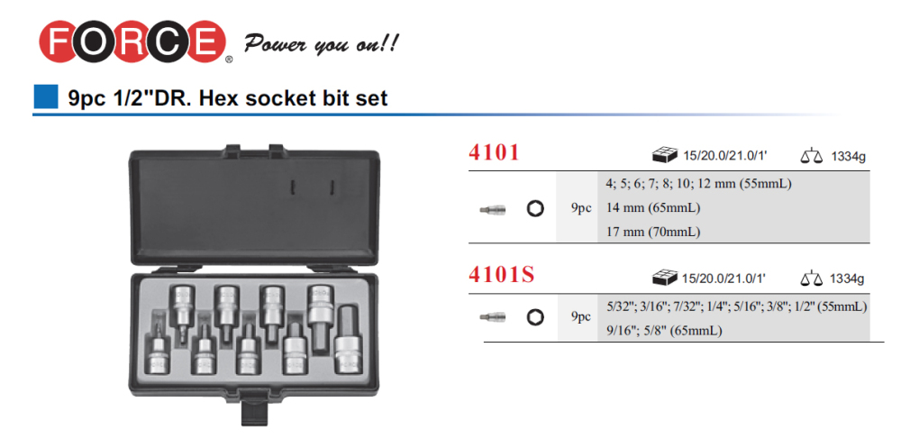 Force 1/2" Dr. 4101 / 4101S Hex Socket Bits 9pc 4-17mm Metric / 5/32-5/8" Imperial Set