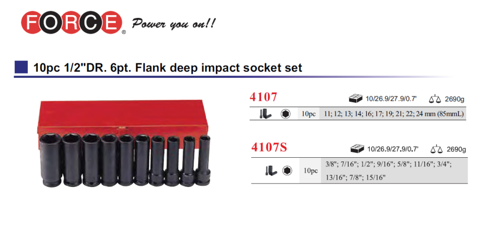 Force 4107 / 4107S 10pc 1/2" Dr. 85mmL Deep Impact Socket Metric / Imperial Set