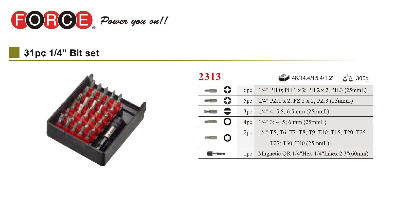 Force 2313 31pc 1/4" Shank Combo Power Bits & Bit's Holder Set