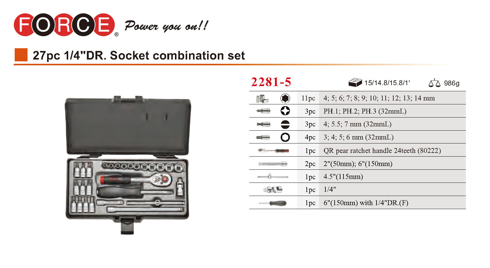 Force 2281-5 27pc 1/4" Dr. 6pt Flank Metric Socket & Accessories Set: Ratchet Handle, Socket, Extension, Hex Bits, etc.