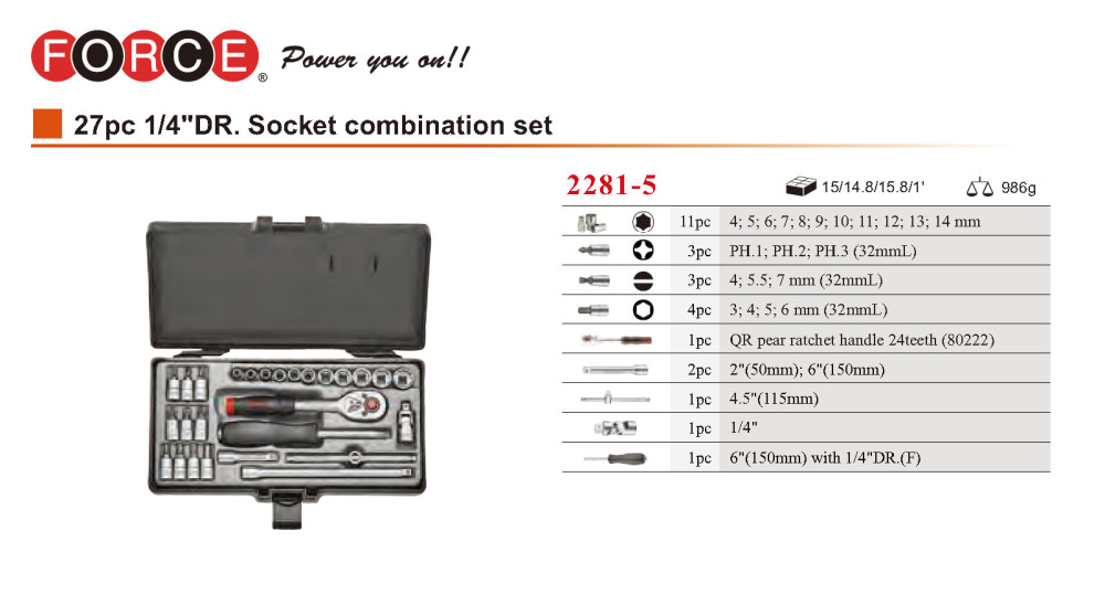 Force 2281-5 27pc 1/4" Dr. 6pt Flank Metric Socket & Accessories Set: Ratchet Handle, Socket, Extension, Hex Bits, etc.