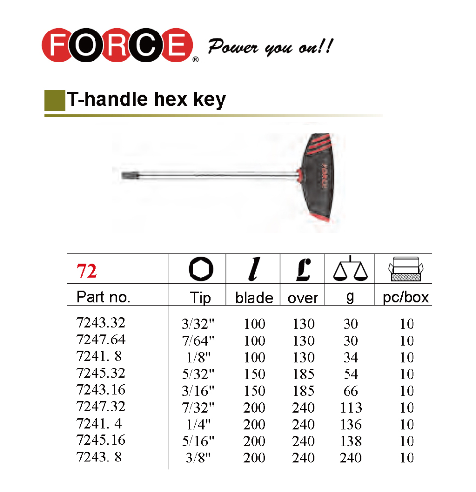 Force 2097S Hex Screwdriver T Handle Imperial SAE 9pc Set: 3/32"-3/8"