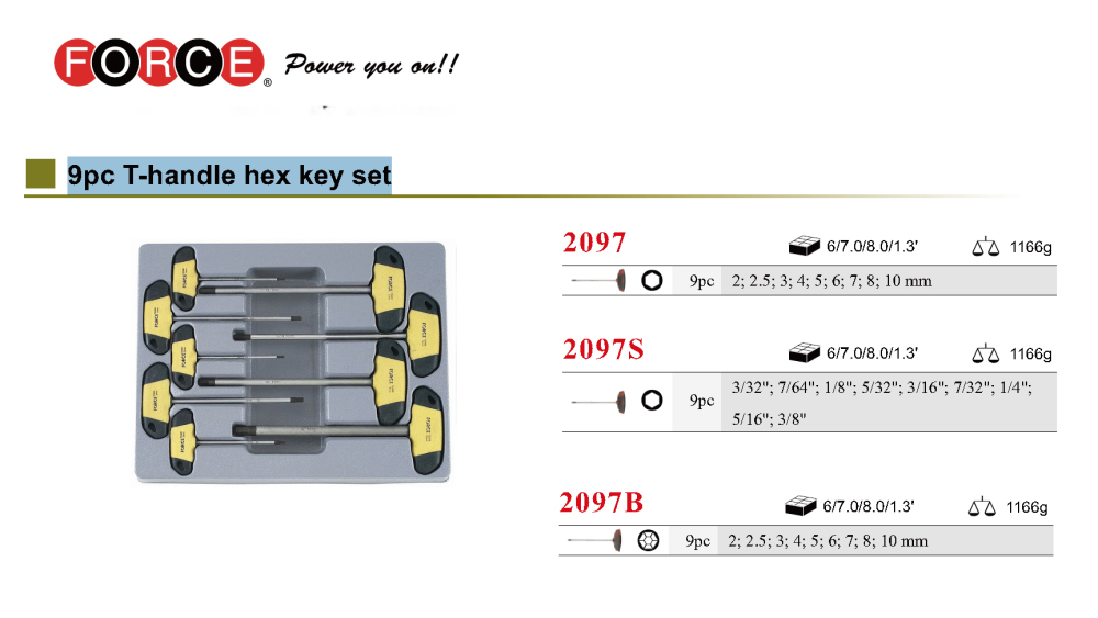 Force 2097S Hex Screwdriver T Handle Imperial SAE 9pc Set: 3/32"-3/8"