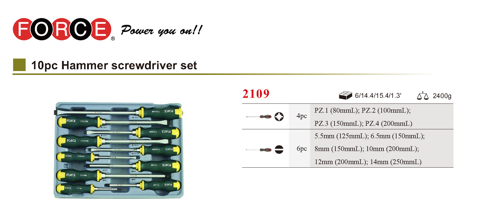 Force 2109 10pc Slot Pozi Go-thru Through Tang Hex Shank Hammering Screwdriver