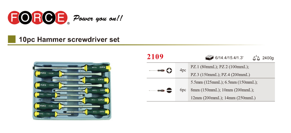 Force 2109 10pc Slot Pozi Go-thru Through Tang Hex Shank Hammering Screwdriver