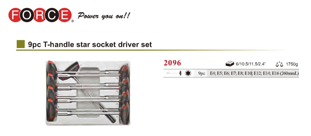 Force 2096 Female E-star Torx 300mmL T Socket Wrench Nut Driver 9pc Set: E4-16