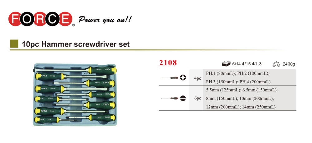 Force 2108 10pc Slot Philip Go-thru Through Tang Hex Shank Hammering Screwdriver