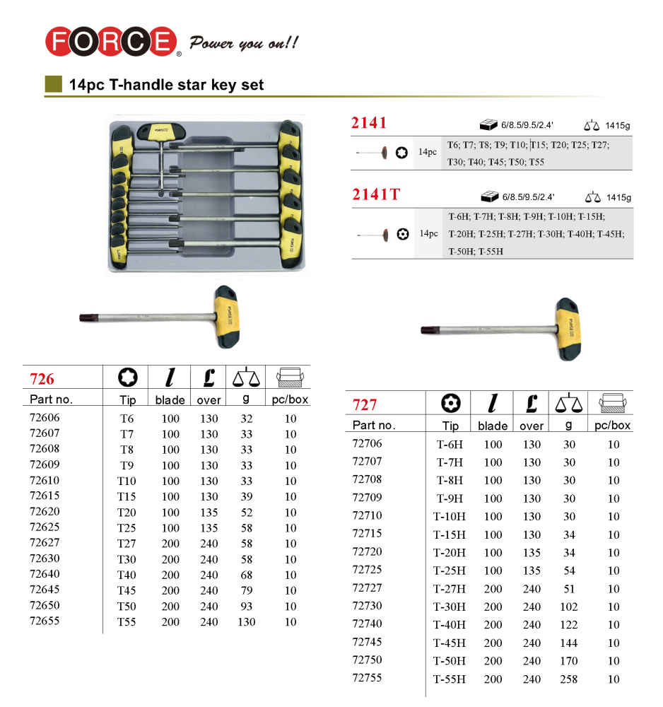 FORCE 2141 / 2141T T6-T55 14pc Star Torx / Tamperproof Screwdriver T Handle Set