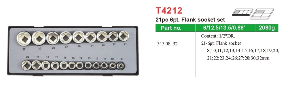 Force T4212 8-32mm 21pc 1/2" dr. Flank Regular Socket Metric Set